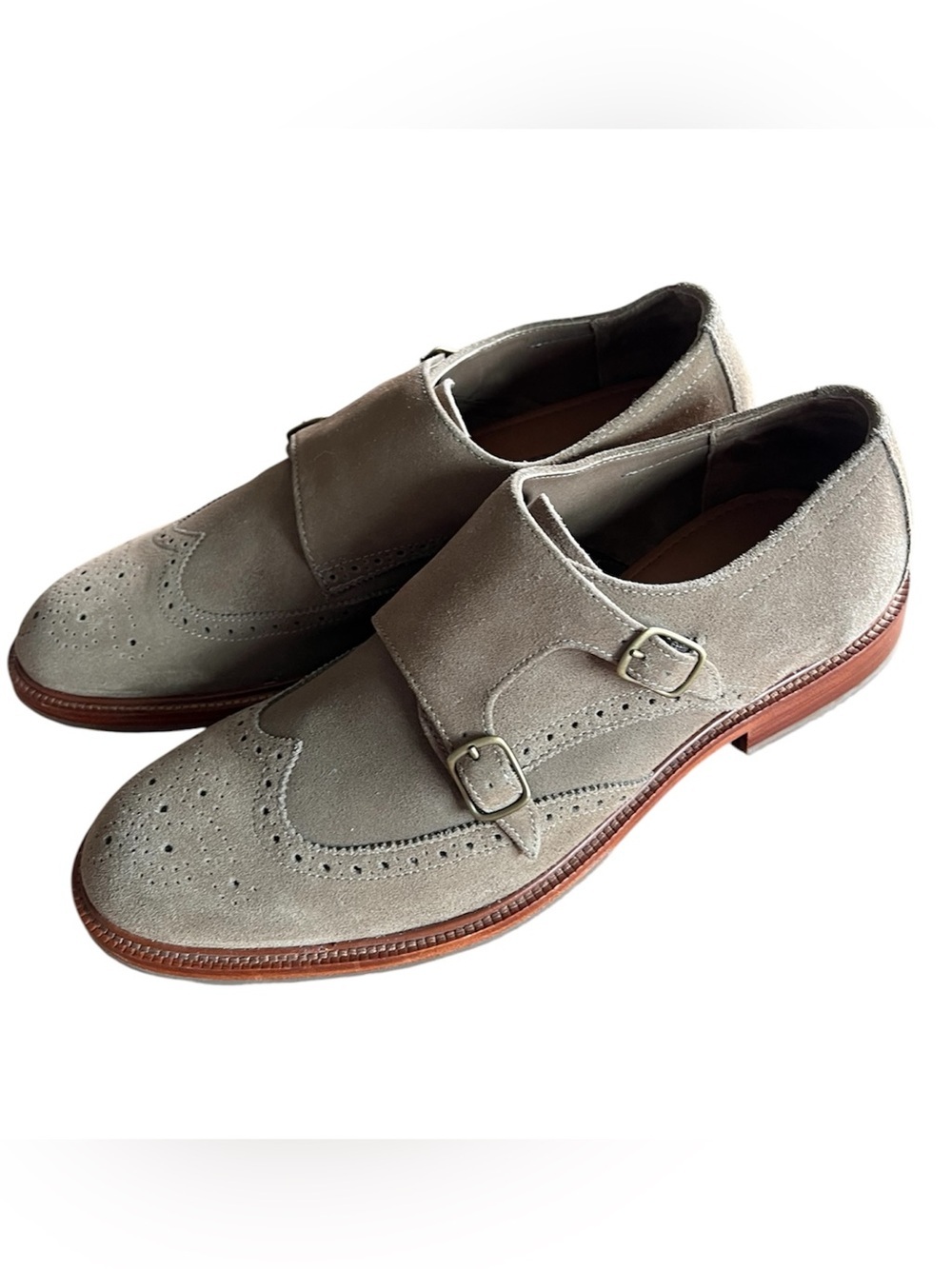 Trask Dress Shoes Mens Size 10.5 Taupe Suede Double Monk Strap Wingtip